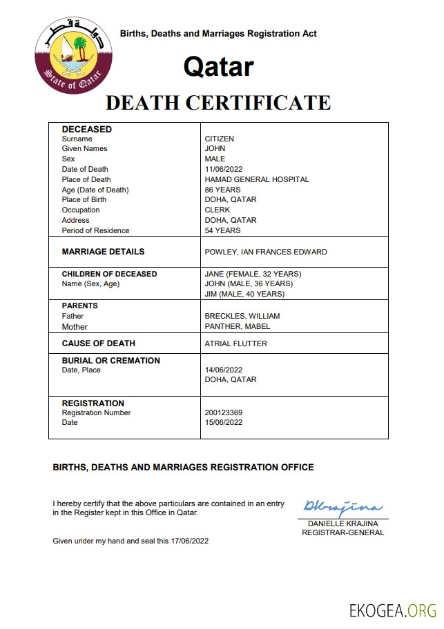 Modèle Word et PDF de certificat de décès de l'état civil du Qatar